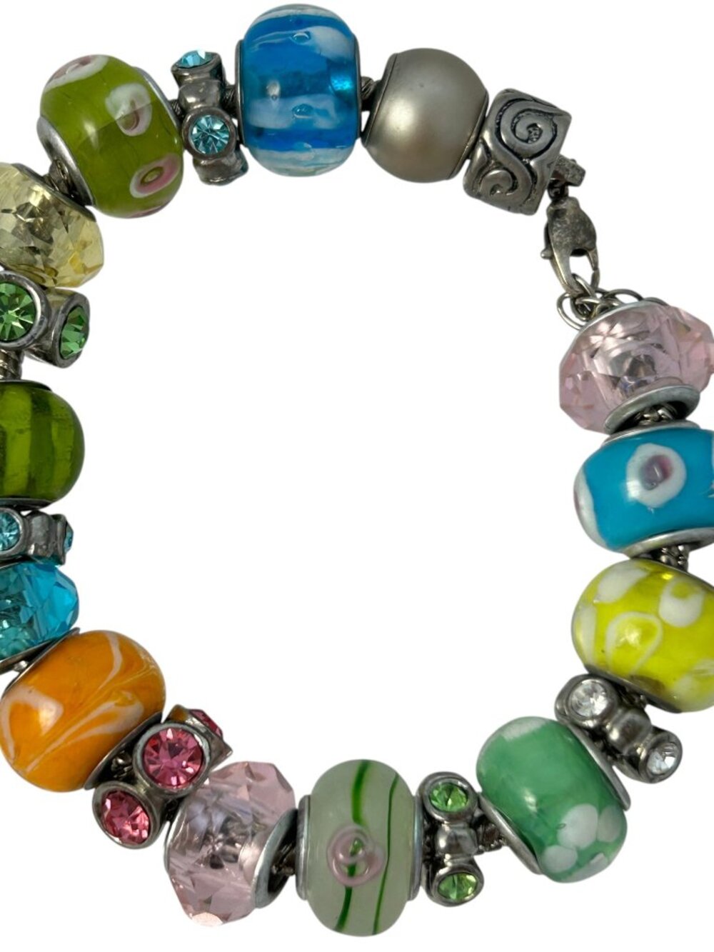 Colorful Murano Style Glass Bead Charm Bracelet Rhinestone Silver Tone Boho